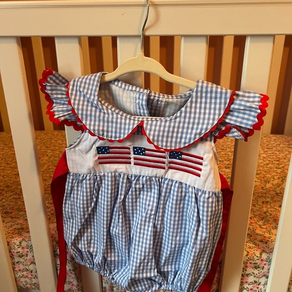 None Other - Blue Gingham Baby Romper with American Flags
